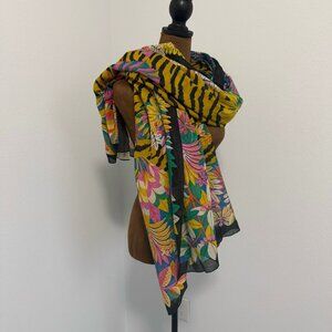 Inoui Editions 100% Cotton Multicolor Tropical Floral/Tiger Print Scarf 74"x39"